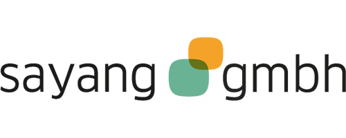 Text 'sayang gmbh' with two overlapping rounded shapes in orange and green