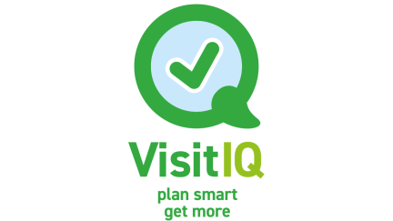 Green logo with a checkmark inside a circle above the text 'VisitIQ' and the slogan 'plan smart get more'